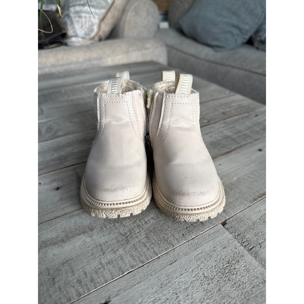 Toddler Cream Faux Leather Fur Lined Ankle Boots Ribbed Knit Collar Size 21